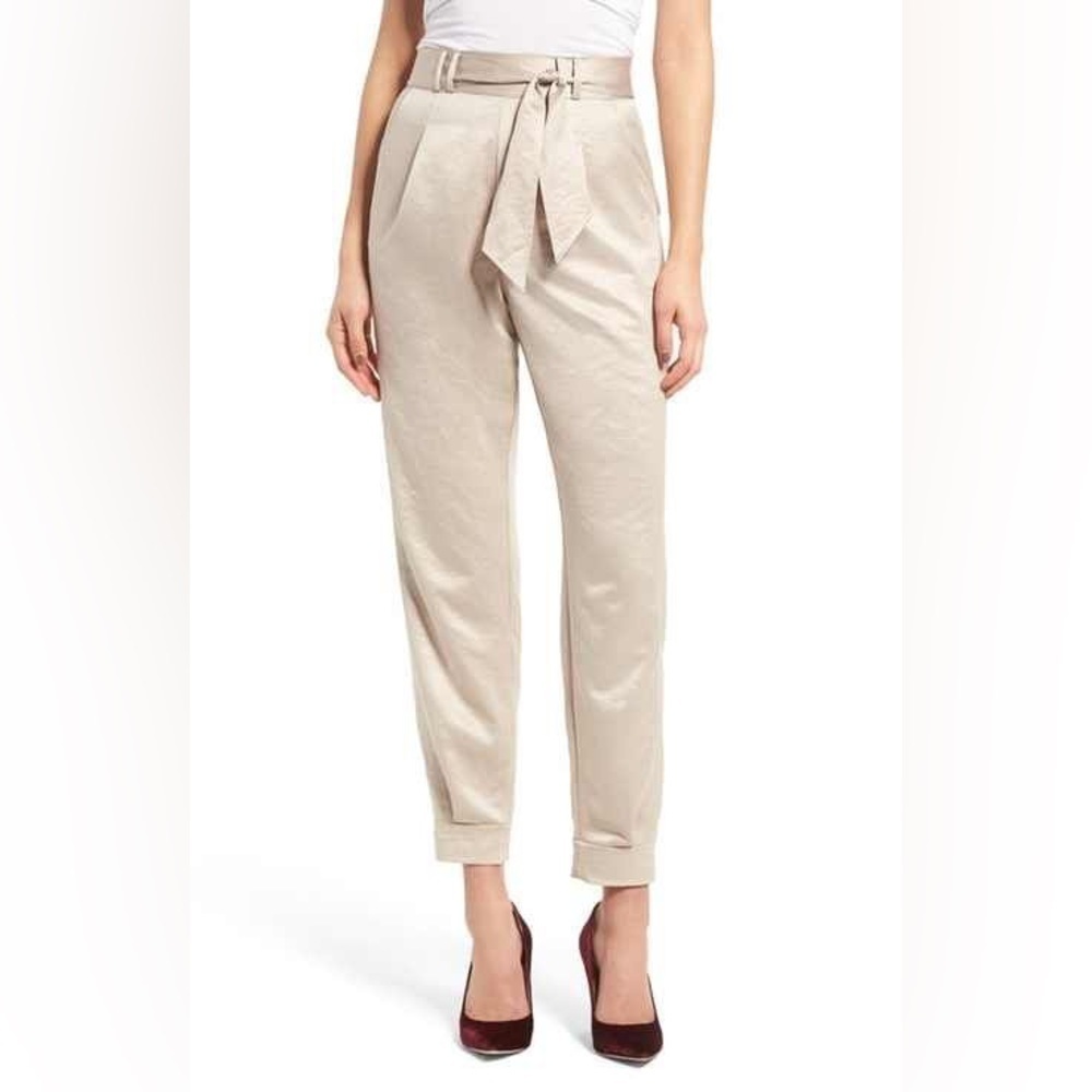 Leith High-Rise Tie Waist Satin Pants in Champagne | Size Small